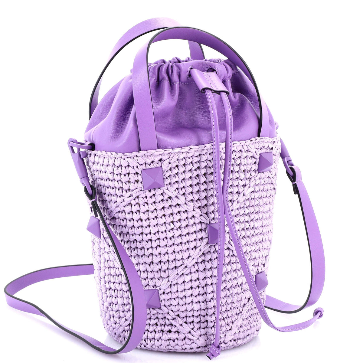 Roman Stud Bucket Bag Raffia and Leather