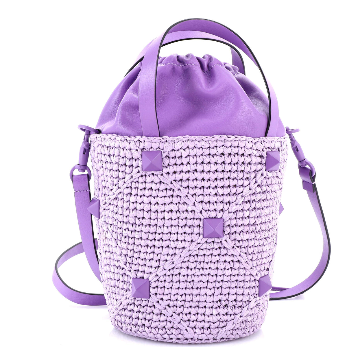 Roman Stud Bucket Bag Raffia and Leather