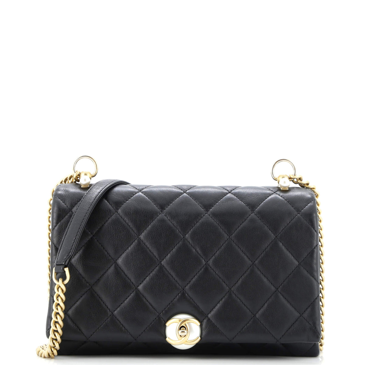 Pearl CC Accordion Flap Bag Quilted Calfskin Medium