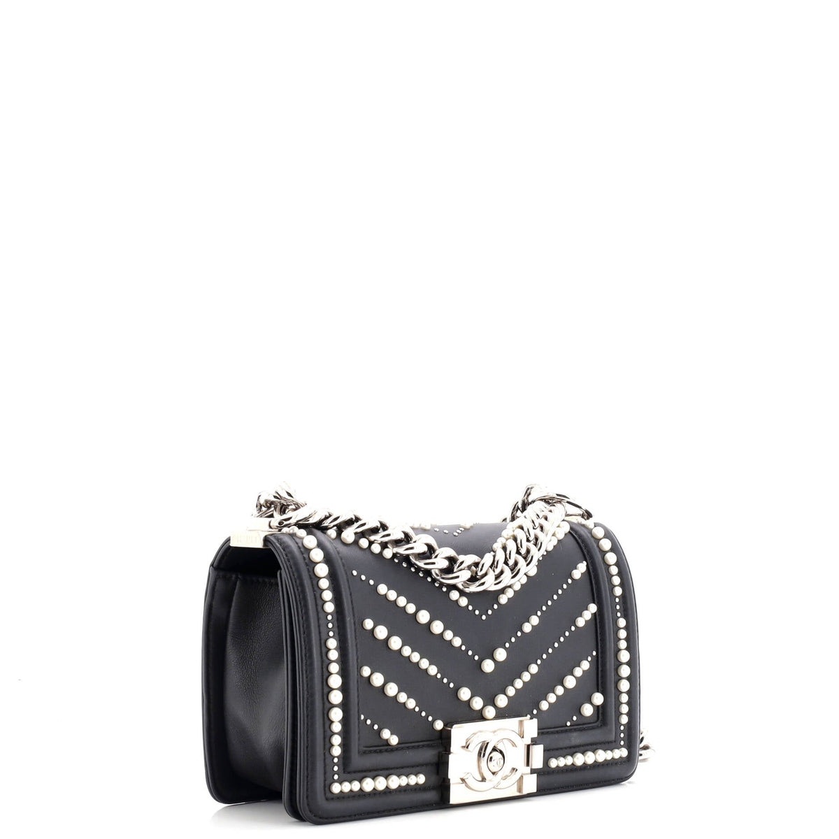 Boy Flap Bag Pearl Embellished Chevron Calfskin Small