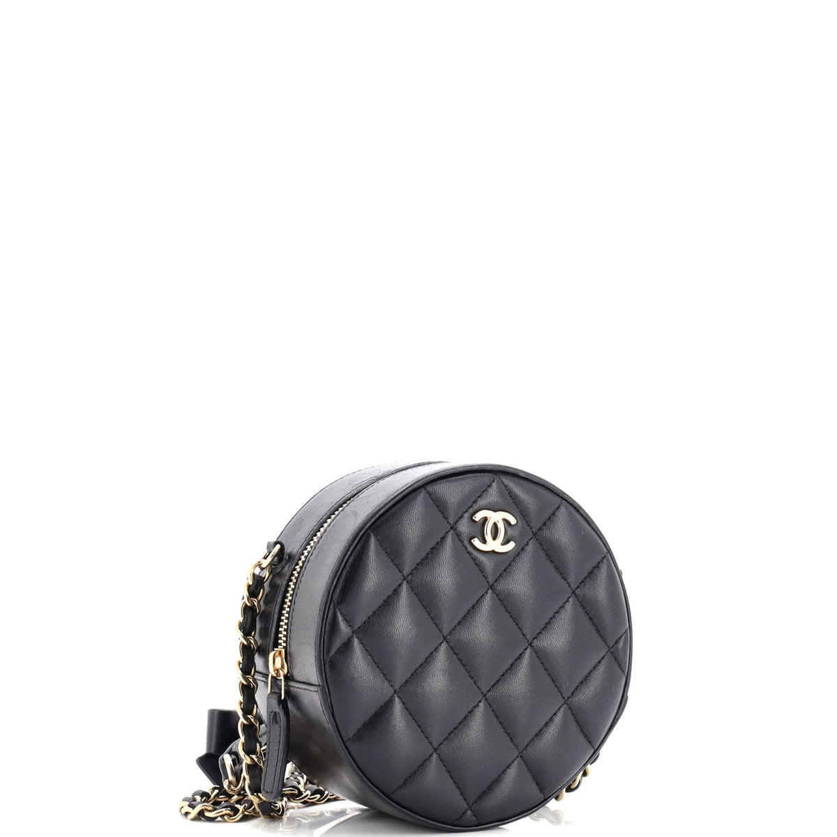Bow Strap Round Clutch with Chain Quilted Lambskin