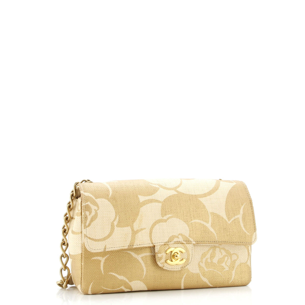 Vintage Camellia Single Flap Bag Printed Raffia Medium