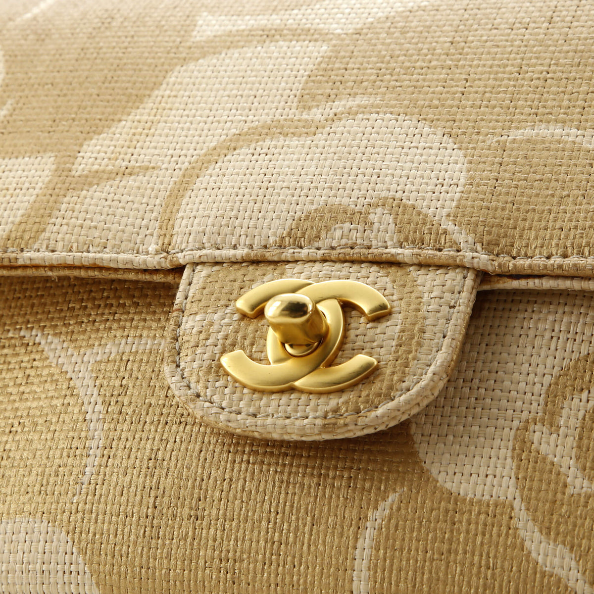 Vintage Camellia Single Flap Bag Printed Raffia Medium