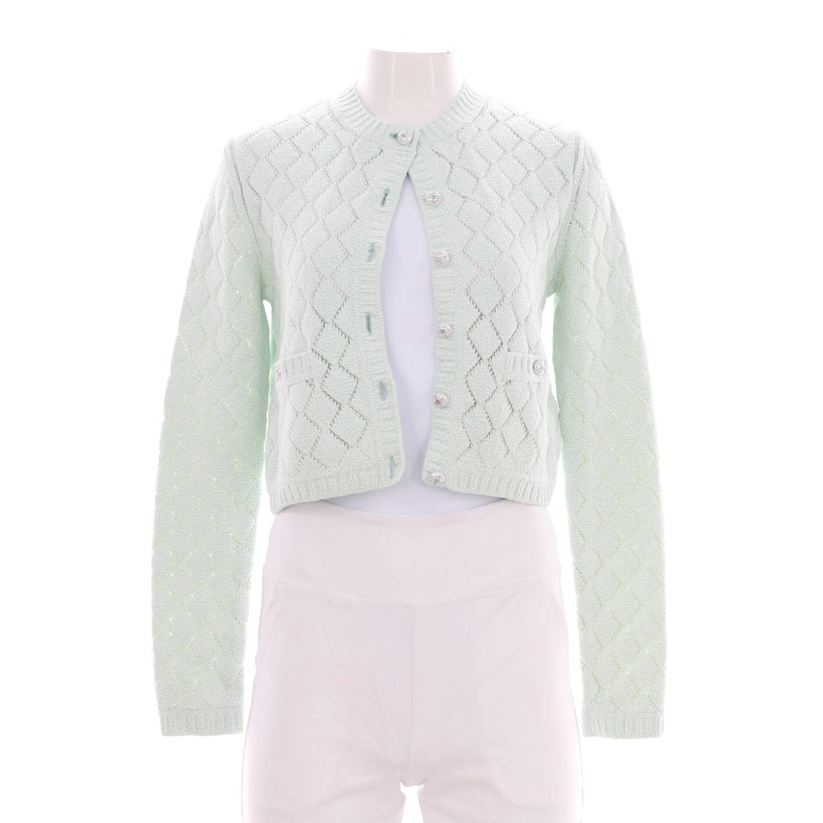 Women's CC Crystal Buttons Two Pocket Crewneck Cardigan Cotton Blend