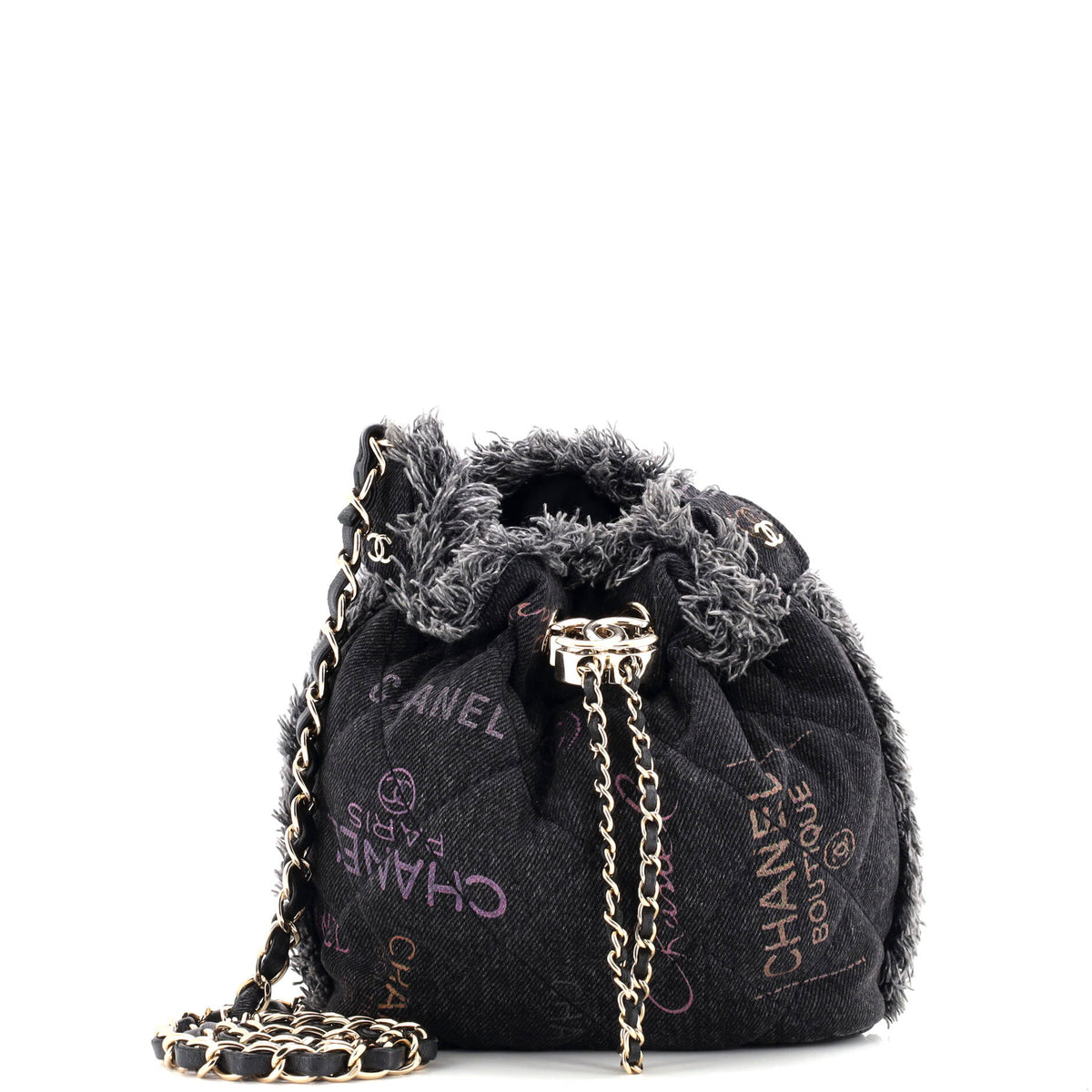 Denim Mood Chain Bucket Bag Logo Printed Quilted Fringe Denim Medium