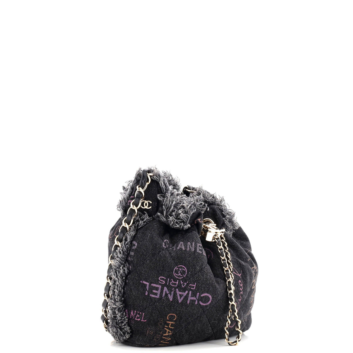 Denim Mood Chain Bucket Bag Logo Printed Quilted Fringe Denim Medium
