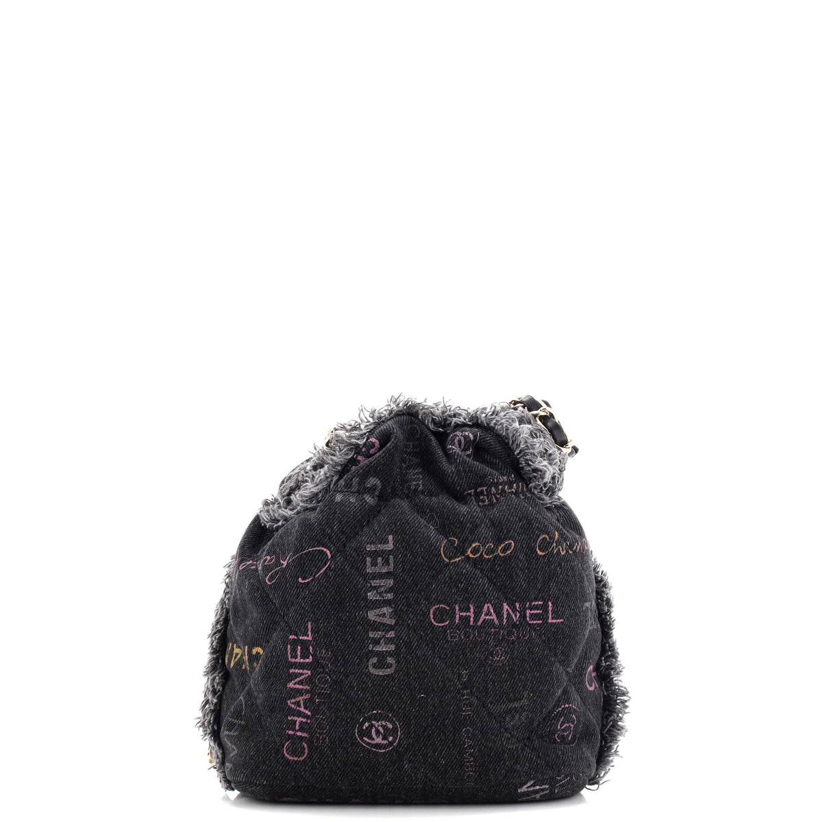 Denim Mood Chain Bucket Bag Logo Printed Quilted Fringe Denim Medium