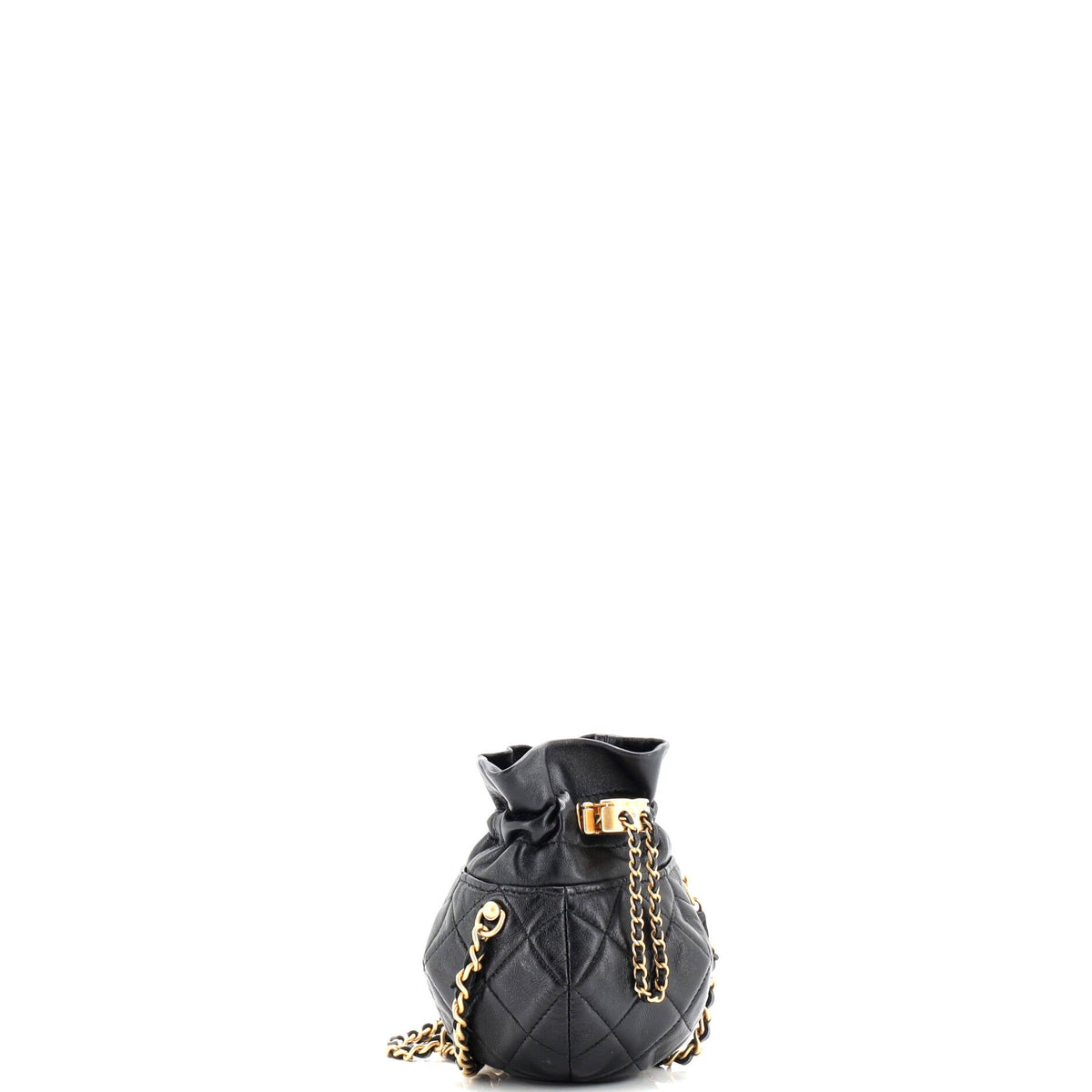 Drawstring CC Round Bucket Clutch with Chain Quilted Lambskin Mini