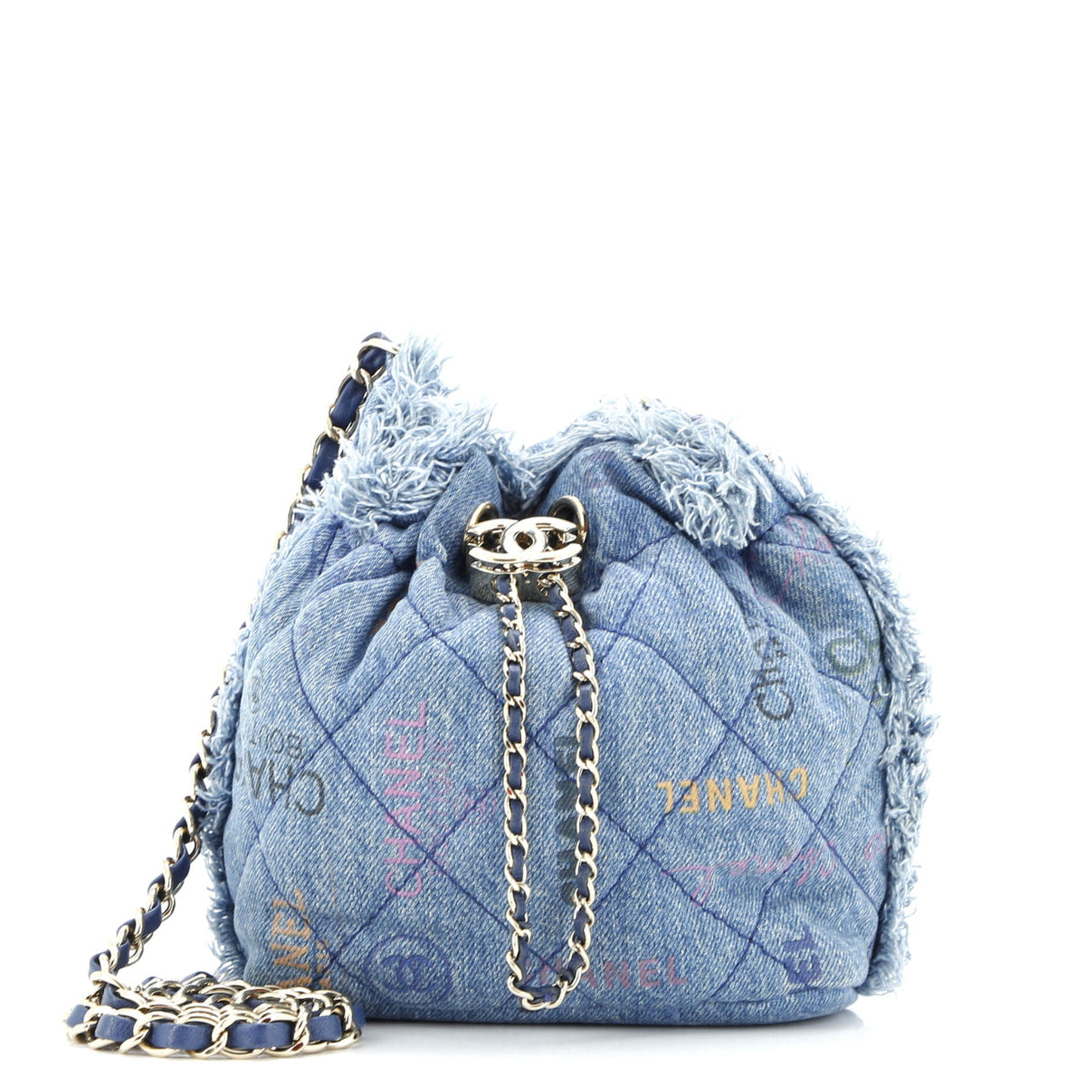 Denim Mood Chain Bucket Bag Logo Printed Quilted Fringe Denim Medium