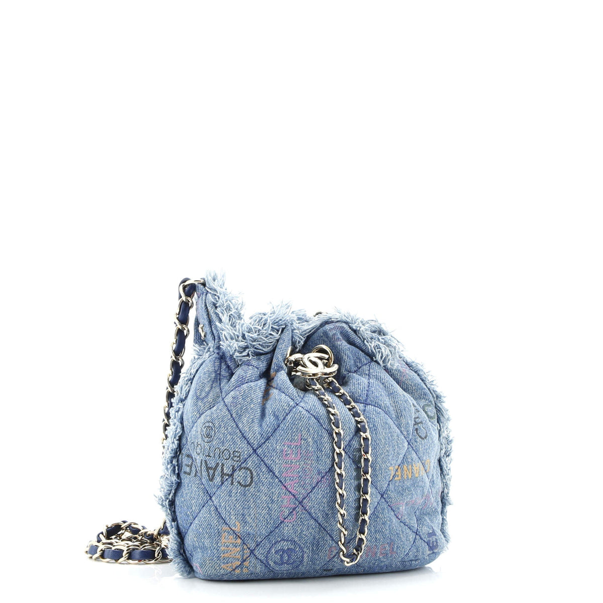 Denim Mood Chain Bucket Bag Logo Printed Quilted Fringe Denim Medium