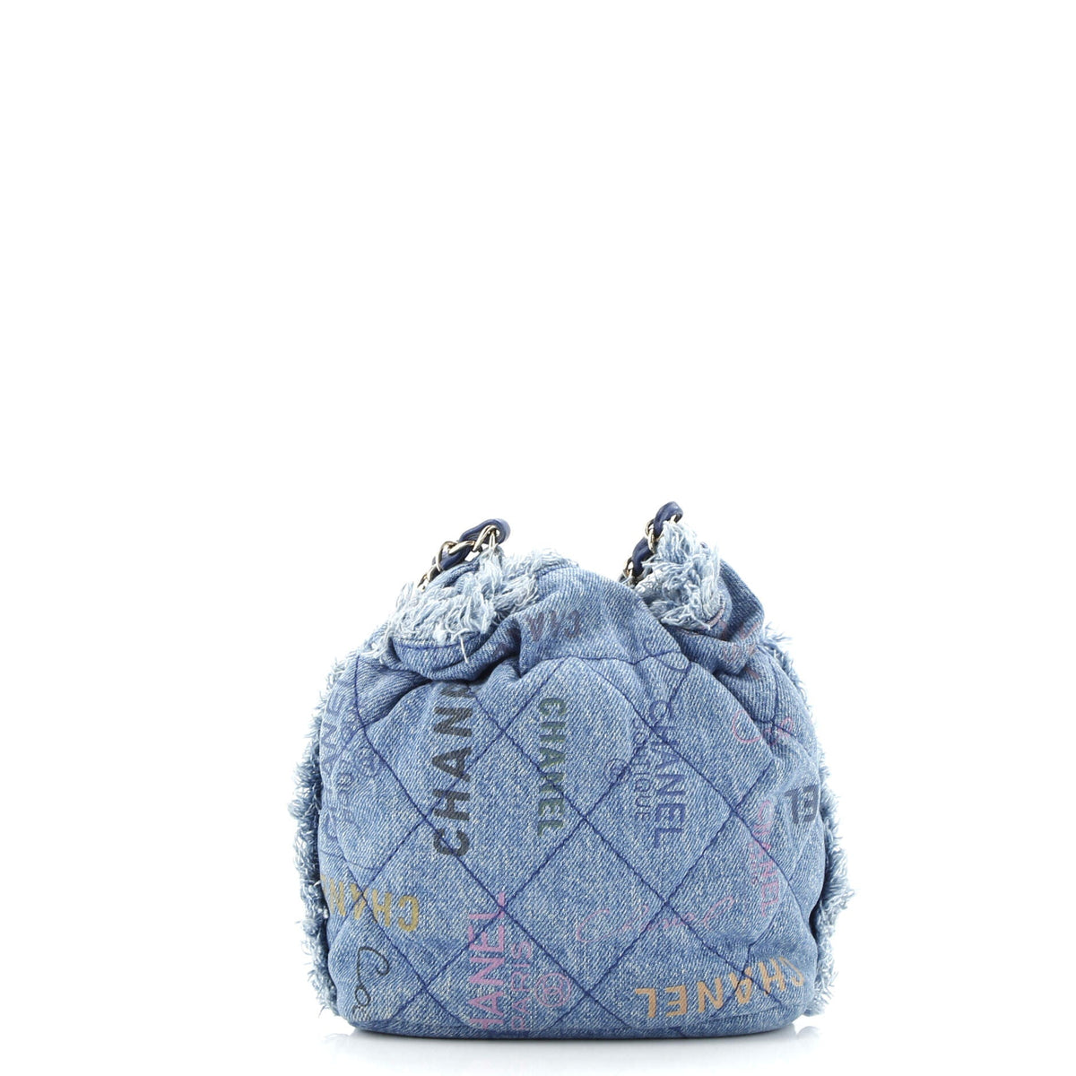 Denim Mood Chain Bucket Bag Logo Printed Quilted Fringe Denim Medium