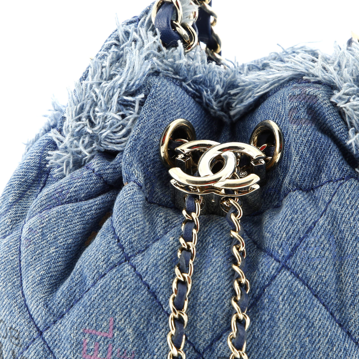 Denim Mood Chain Bucket Bag Logo Printed Quilted Fringe Denim Medium