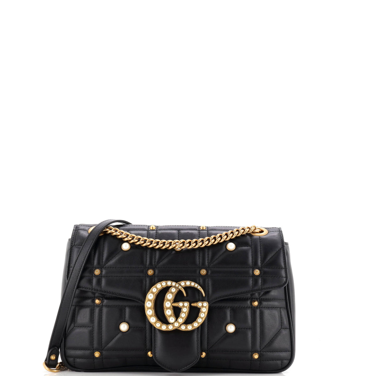 Pearly GG Marmont Flap Bag Embellished Matelasse Leather Medium