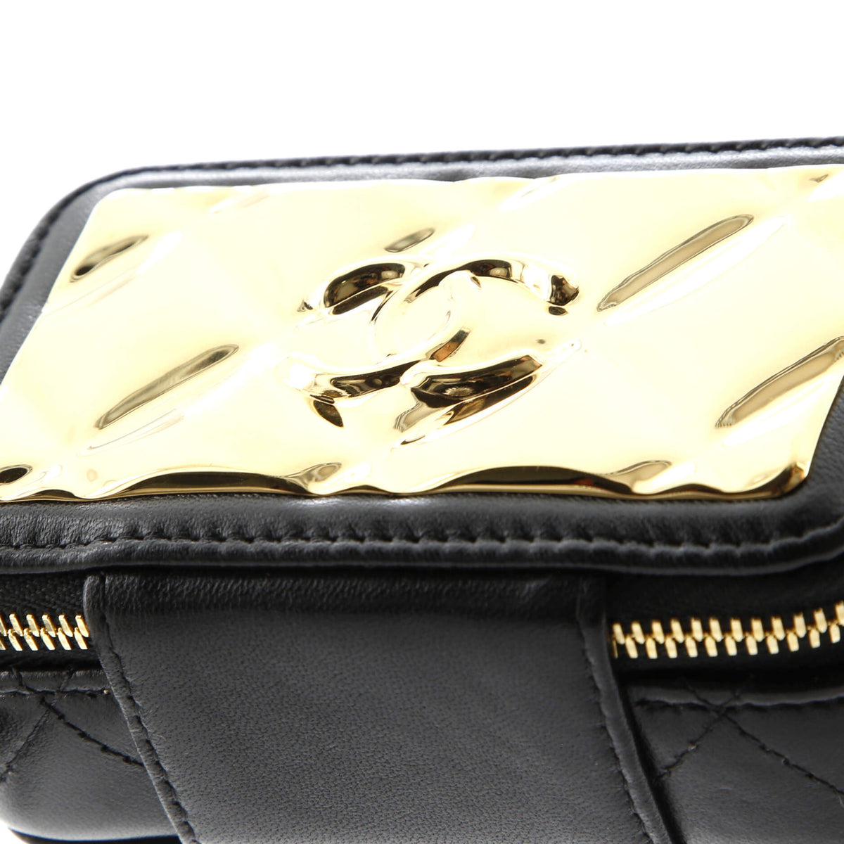 Golden Plate Zip Around Vanity Case with Chain Quilted Metal and Lambskin Extra Mini