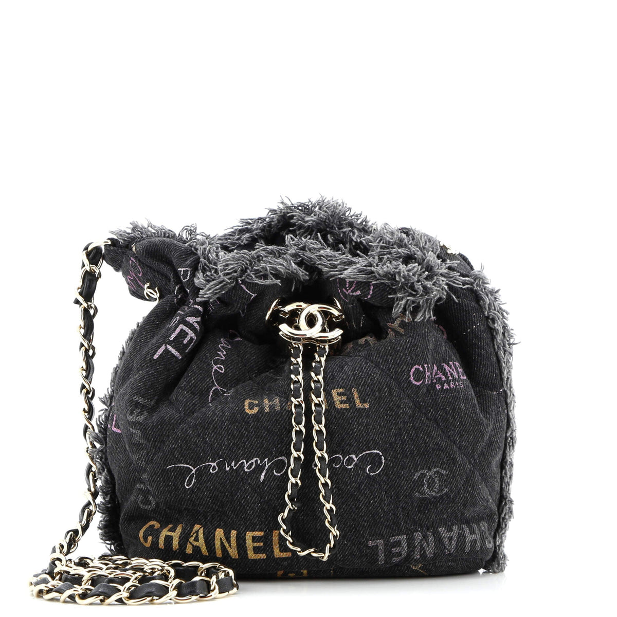 Denim Mood Chain Bucket Bag Logo Printed Quilted Fringe Denim Medium