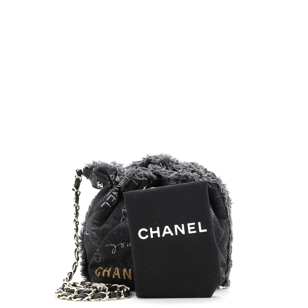 Denim Mood Chain Bucket Bag Logo Printed Quilted Fringe Denim Medium