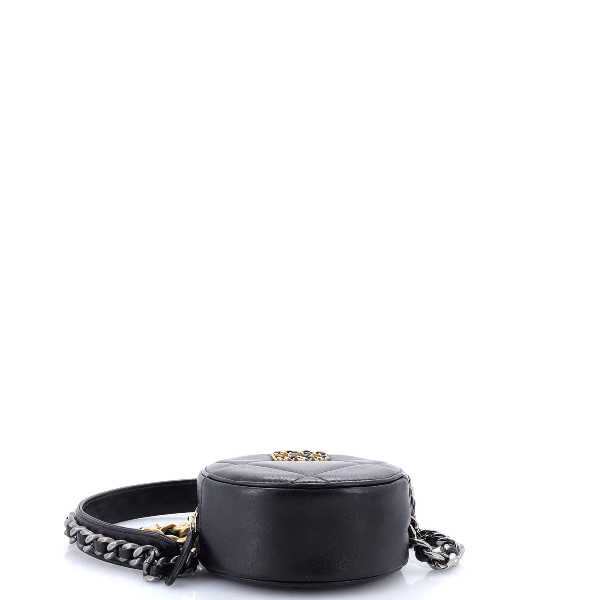 19 Round Clutch with Chain Quilted Leather