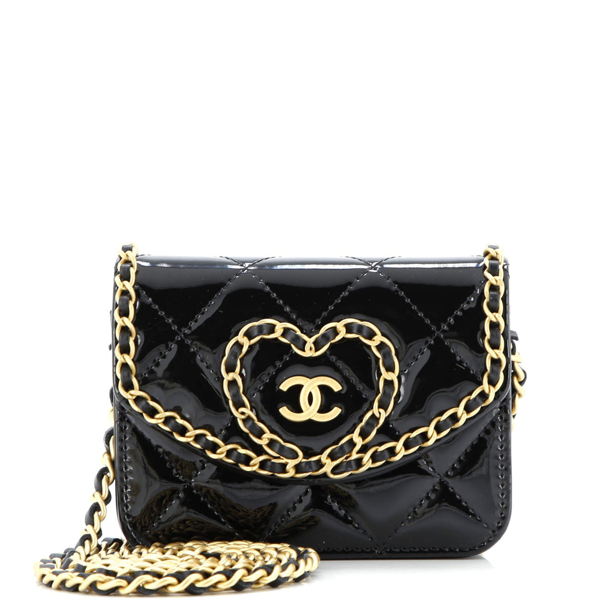 Heart Chain Flap Bag Quilted Patent Mini