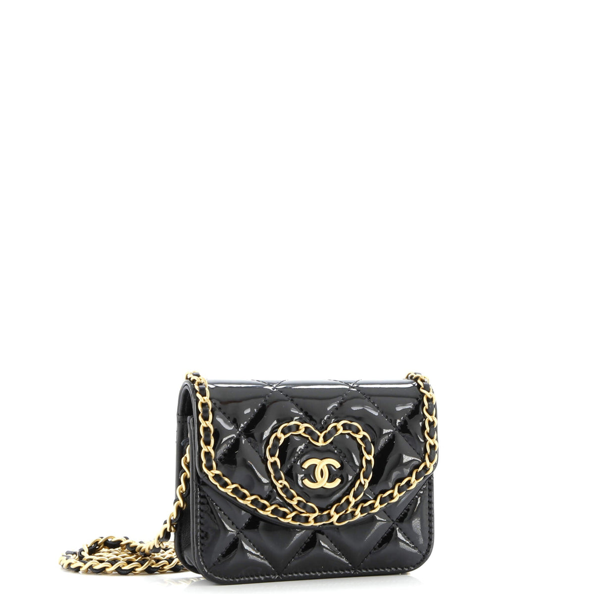 Heart Chain Flap Bag Quilted Patent Mini