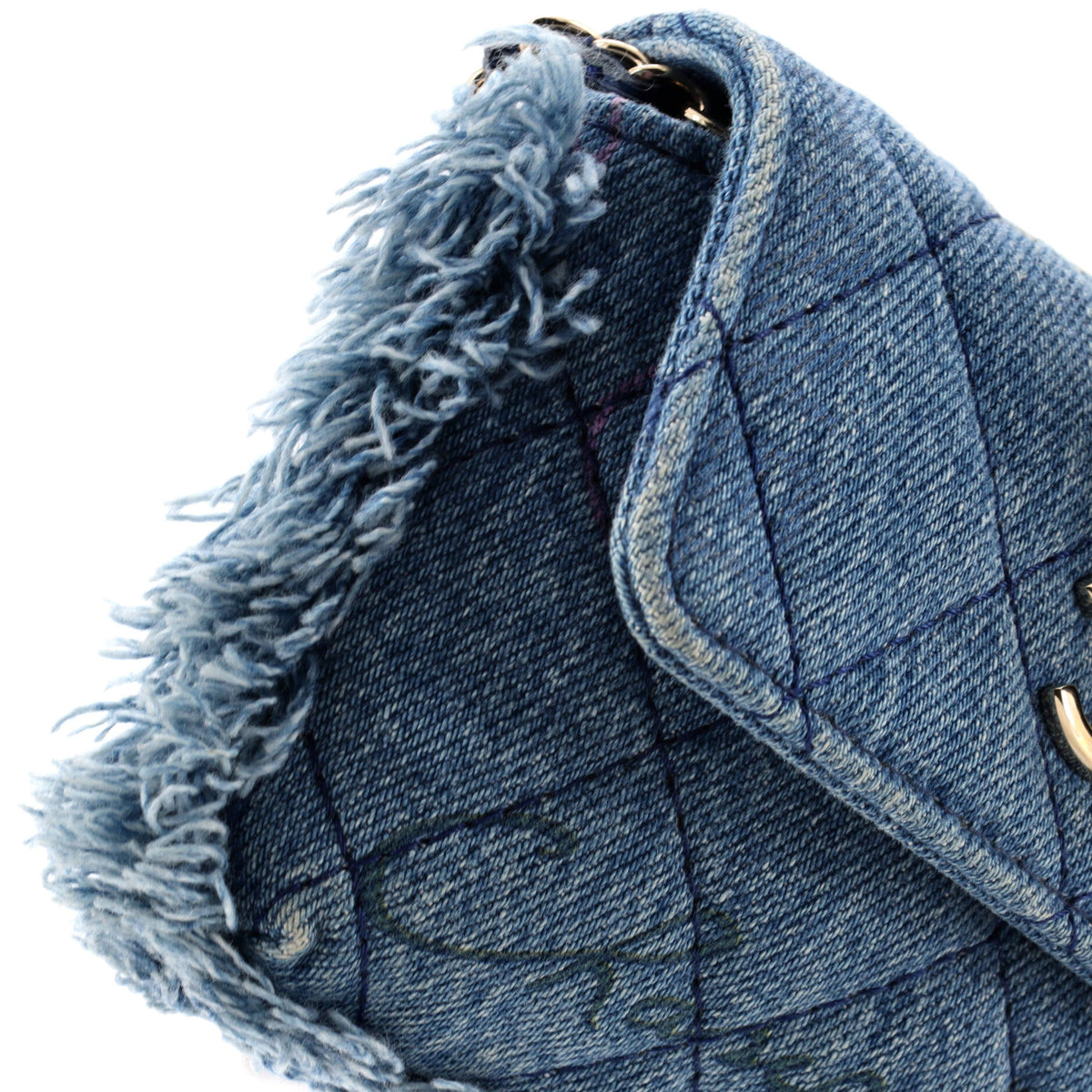 Denim Mood Flap Clutch with Chain Logo Printed Quilted Fringe Denim