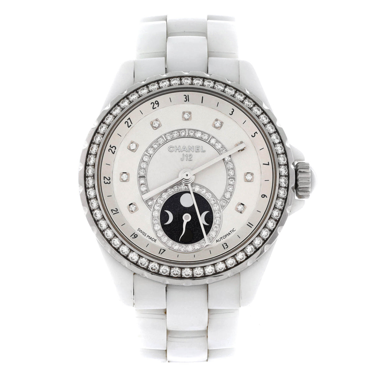 J12 Moonphase Automatic Watch Ceramic and Stainless Steel with Diamond Bezel, Dial and Markers 38