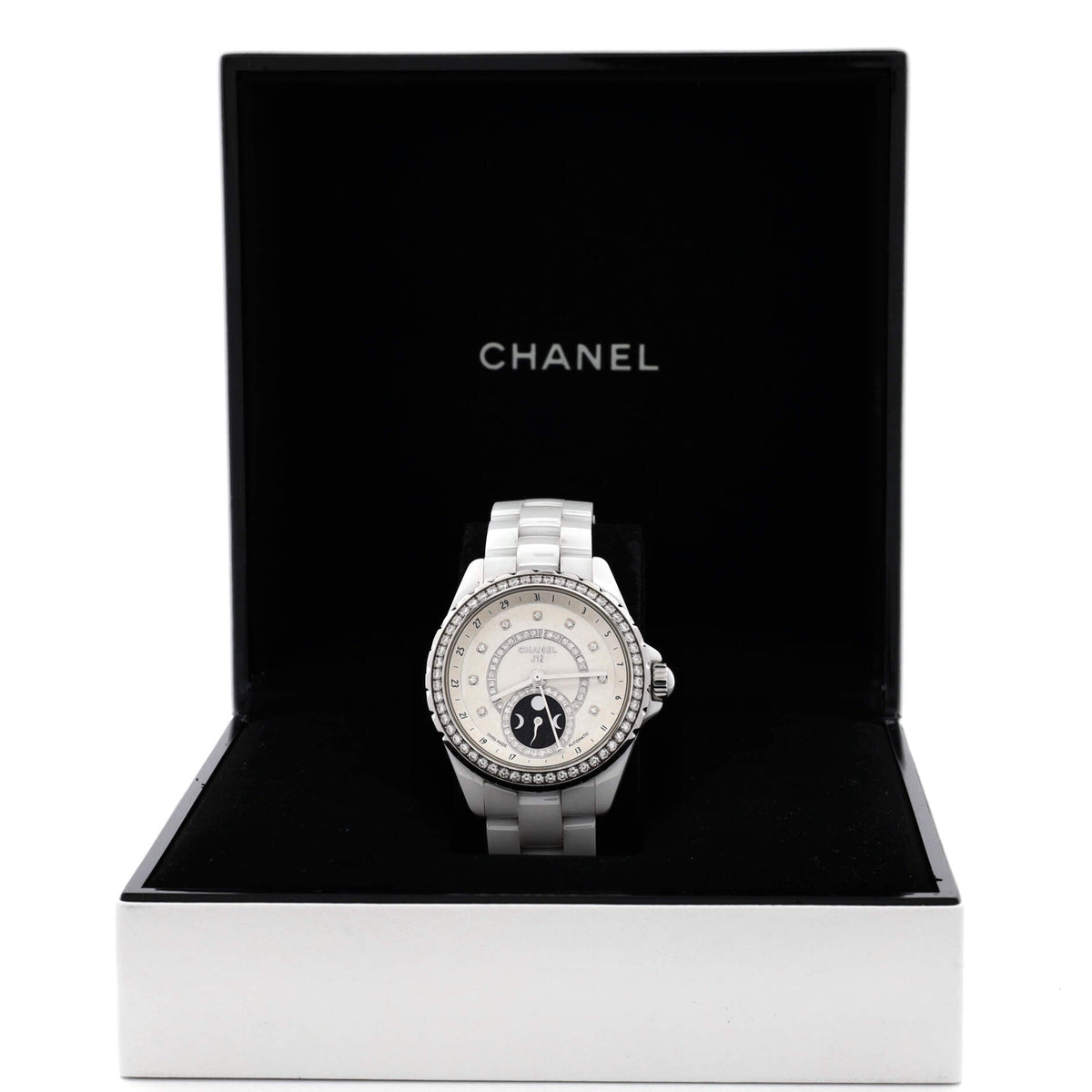 J12 Moonphase Automatic Watch Ceramic and Stainless Steel with Diamond Bezel, Dial and Markers 38