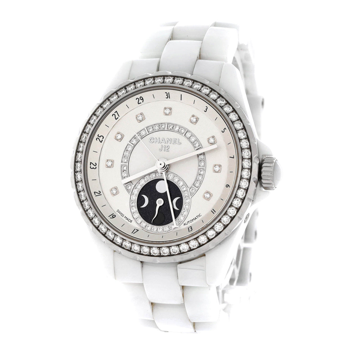 J12 Moonphase Automatic Watch Ceramic and Stainless Steel with Diamond Bezel, Dial and Markers 38