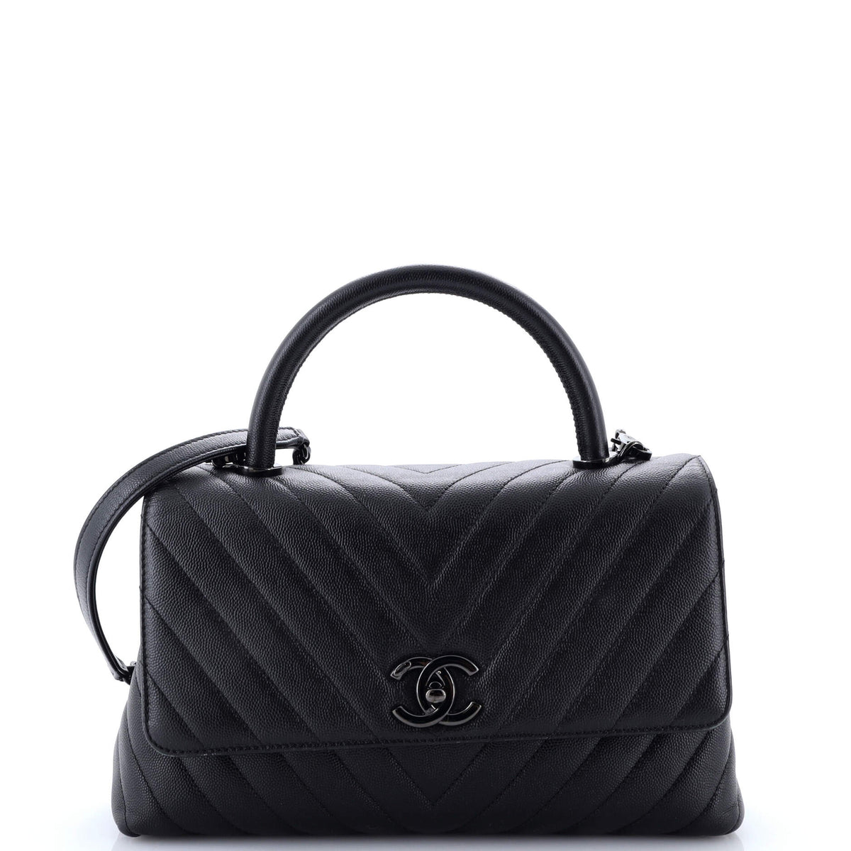 So Black Coco Top Handle Bag Chevron Caviar Small
