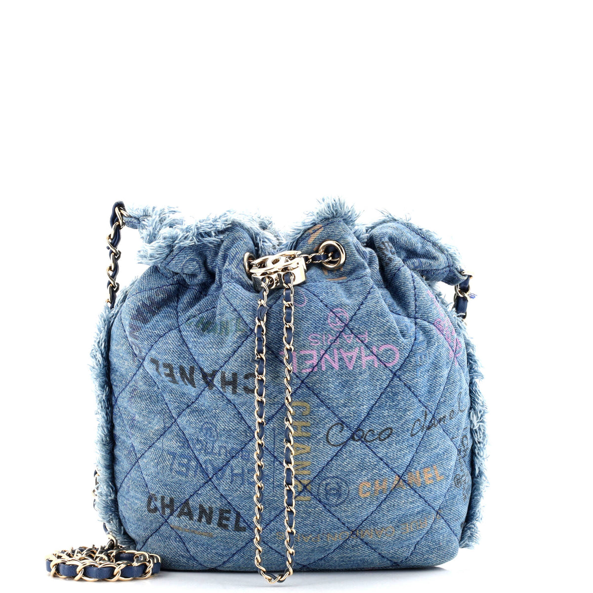 Denim Mood Chain Bucket Bag Logo Printed Quilted Fringe Denim Medium
