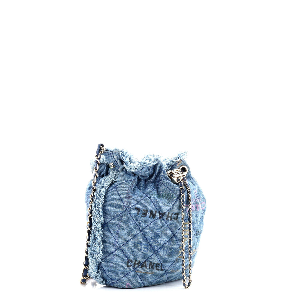 Denim Mood Chain Bucket Bag Logo Printed Quilted Fringe Denim Medium