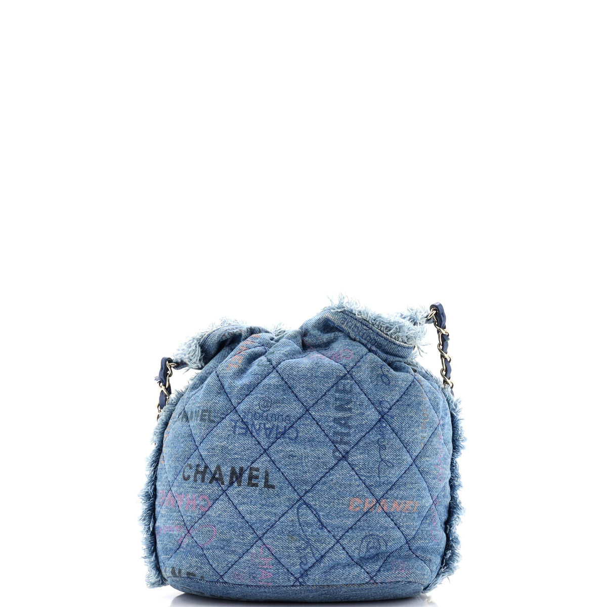 Denim Mood Chain Bucket Bag Logo Printed Quilted Fringe Denim Medium