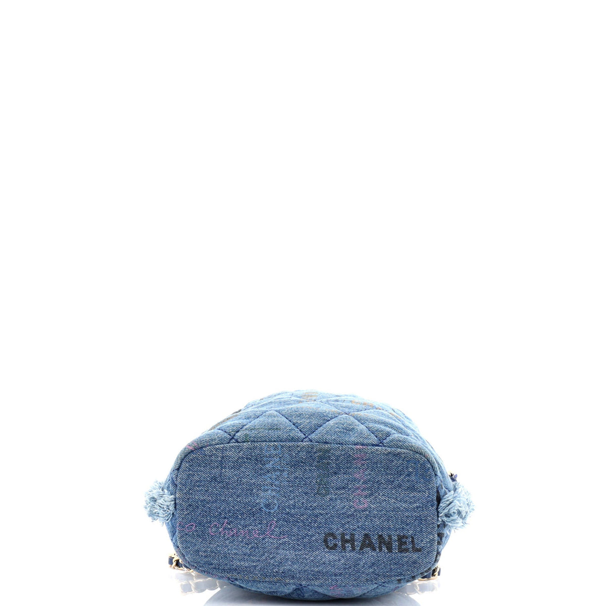 Denim Mood Chain Bucket Bag Logo Printed Quilted Fringe Denim Medium