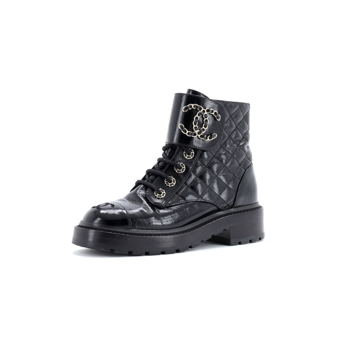 Women's Chain CC Cap Toe Lace Up Combat Boots Quilted Shiny Calfskin