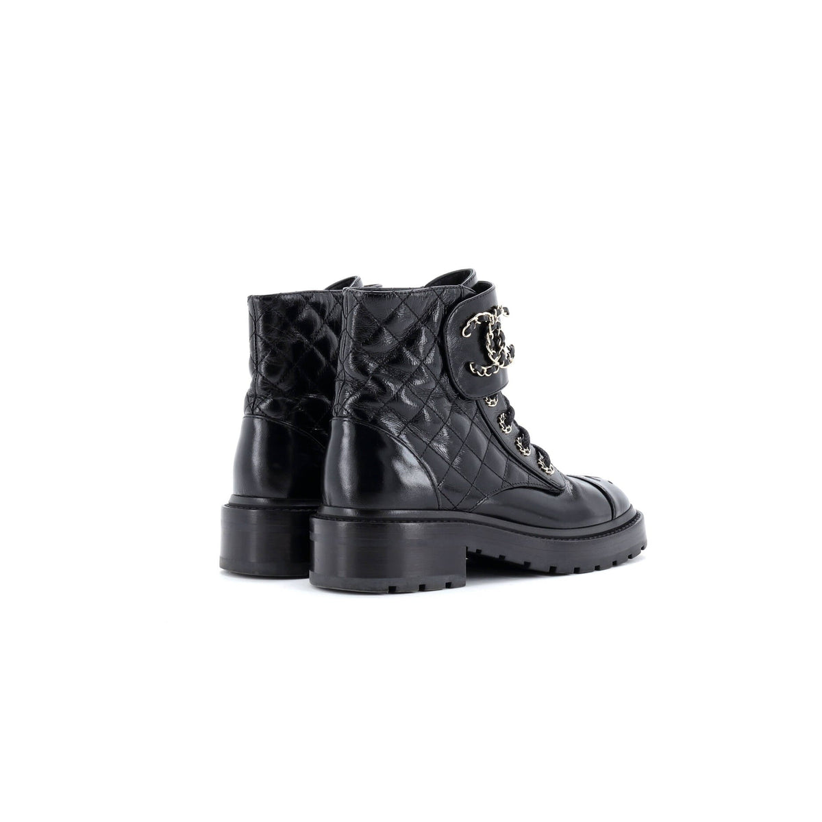 Women's Chain CC Cap Toe Lace Up Combat Boots Quilted Shiny Calfskin