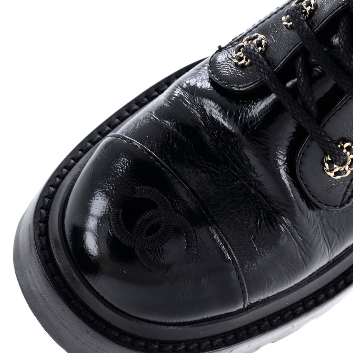 Women's Chain CC Cap Toe Lace Up Combat Boots Quilted Shiny Calfskin