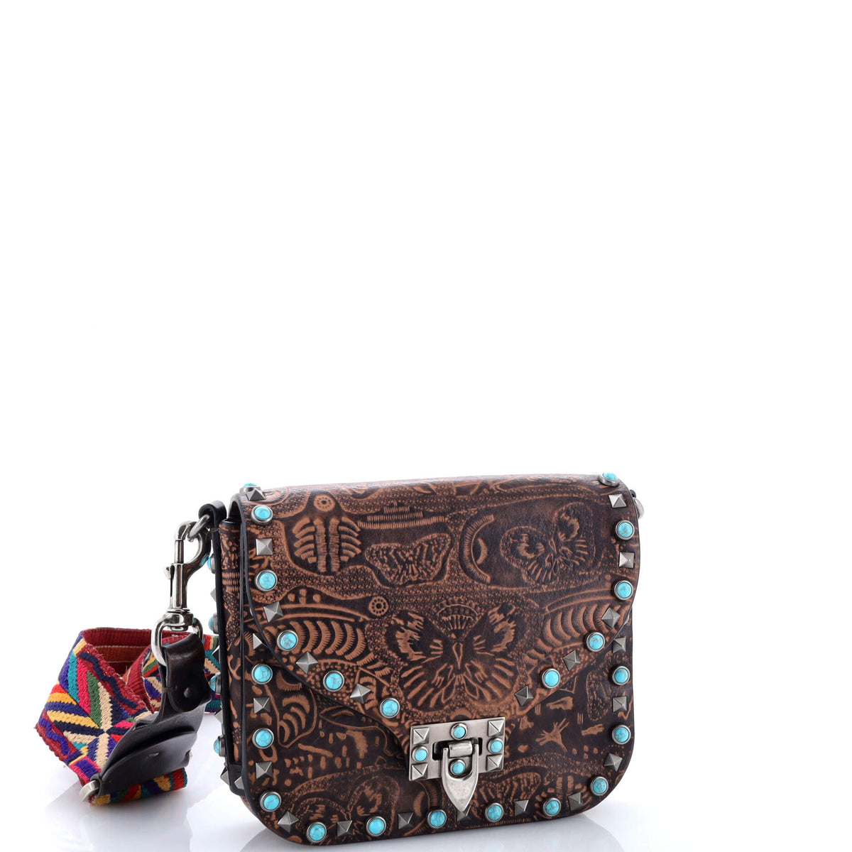 Rolling Rockstud Crossbody Bag Santeria Embossed Leather with Cabochons Small