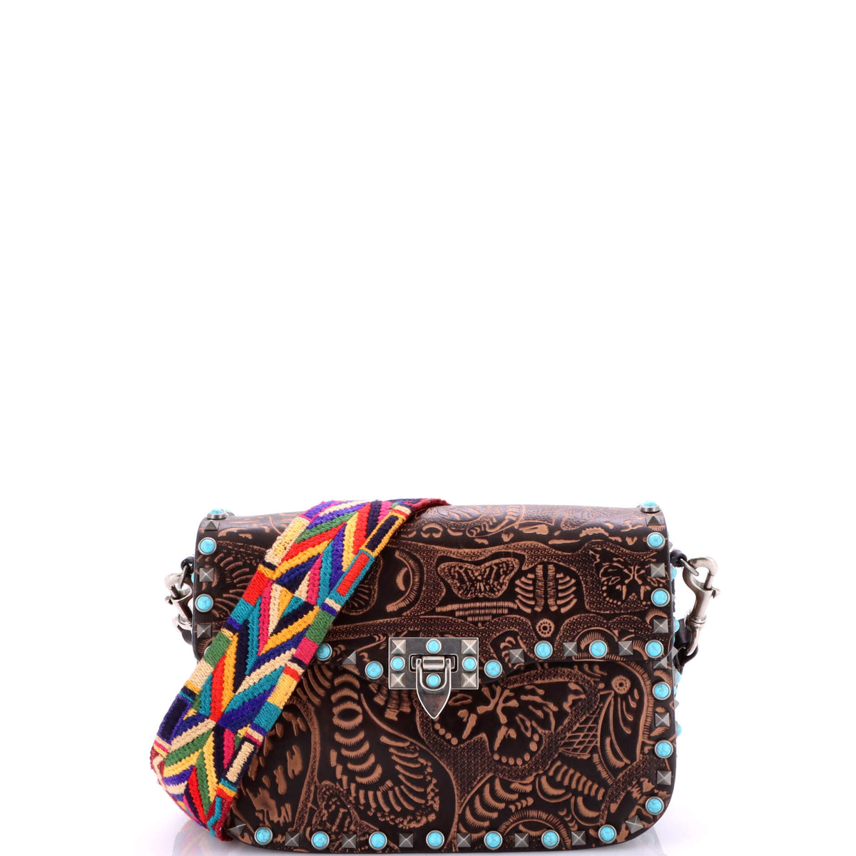 Rolling Rockstud Crossbody Bag Santeria Embossed Leather with Cabochons Medium