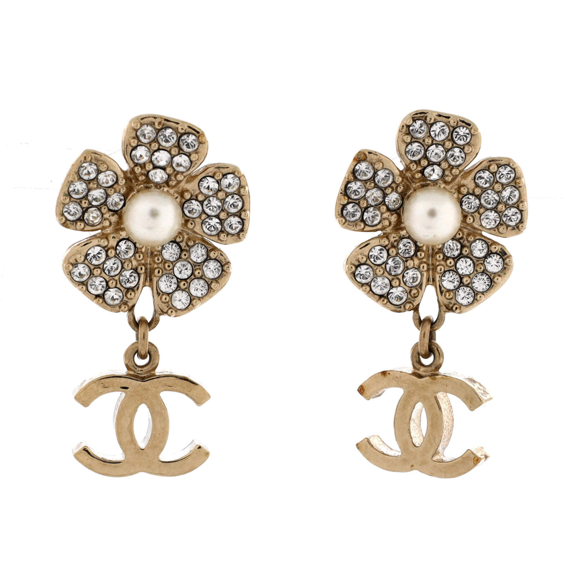 CC Flower Dangle Earrings Metal with Crystals and Faux Pearls
