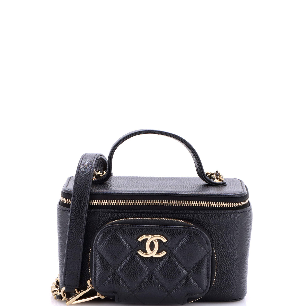 Business Affinity Top Handle Vanity Case with Chain Quilted Caviar Small