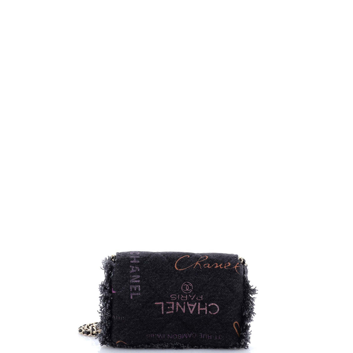 Denim Mood Flap Clutch with Chain Logo Printed Quilted Fringe Denim