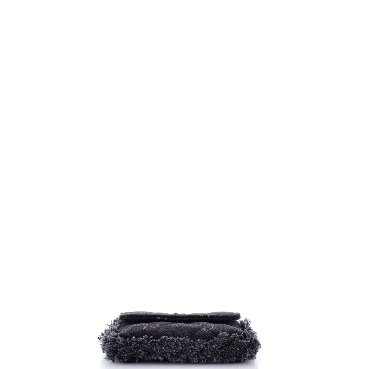 Denim Mood Flap Clutch with Chain Logo Printed Quilted Fringe Denim