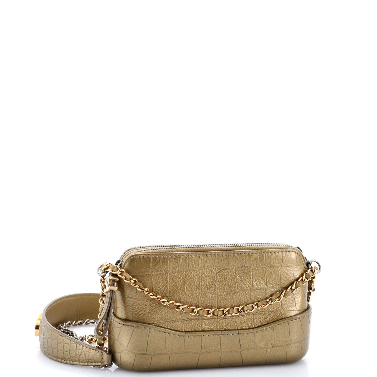 Gabrielle Logo Handle Double Zip Clutch with Chain Crocodile Embossed Calfskin