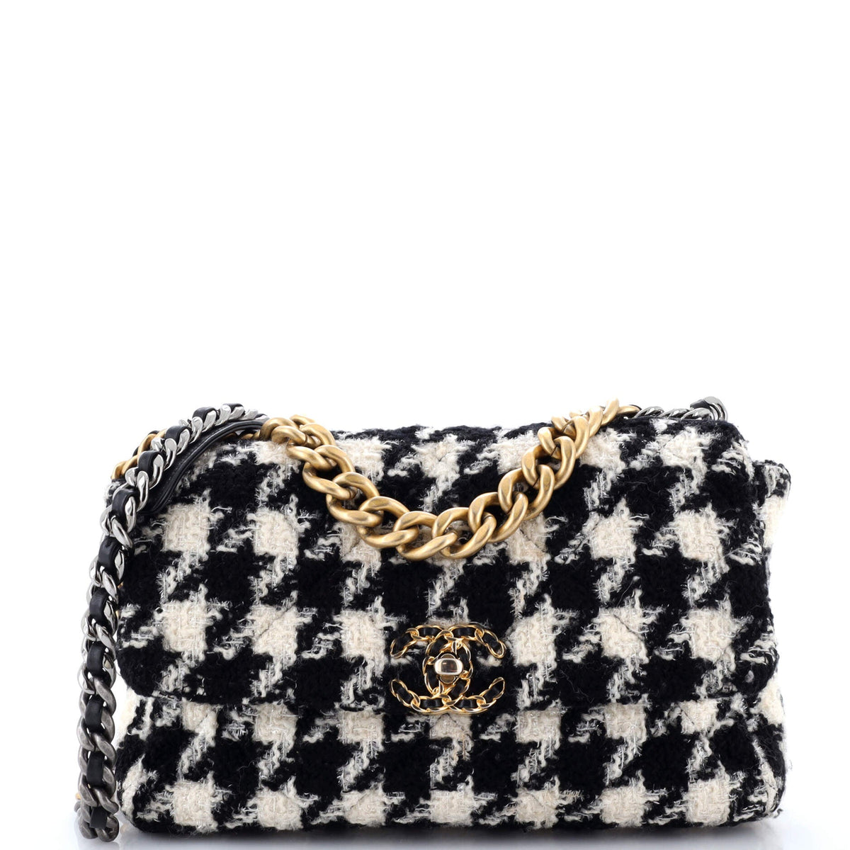19 Flap Bag Quilted Houndstooth Tweed and Ribbon Large