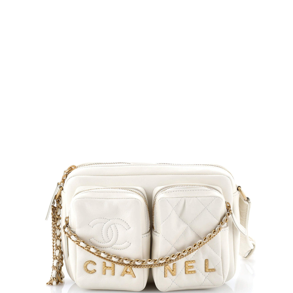 Logo Twin Pockets Chain Camera Case Quilted Calfskin Small