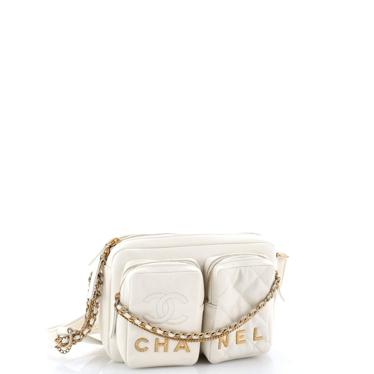 Logo Twin Pockets Chain Camera Case Quilted Calfskin Small