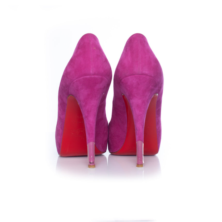 Christian Louboutin Pink suede peep toe platform pump
