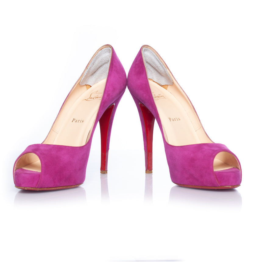Christian Louboutin Pink suede peep toe platform pump