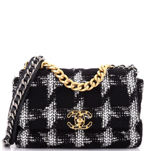 19 Flap Bag Quilted Houndstooth Tweed and Ribbon Medium