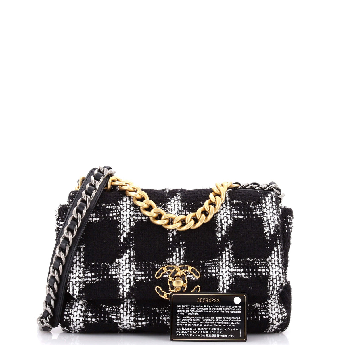 19 Flap Bag Quilted Houndstooth Tweed and Ribbon Medium