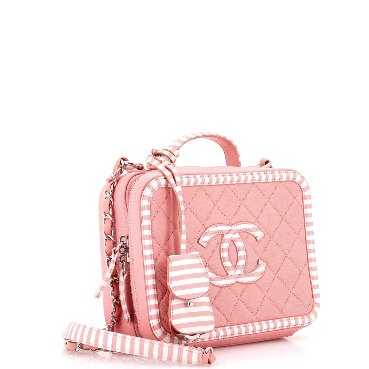 Filigree Vanity Case Quilted Caviar with Striped Leather Medium